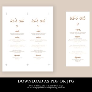 May include: Two white menu templates with the words "let's eat" in a brown script font. The menus list salad, mains, and dessert options. The text "DOWNLOAD AS PDF OR JPG" is at the bottom.