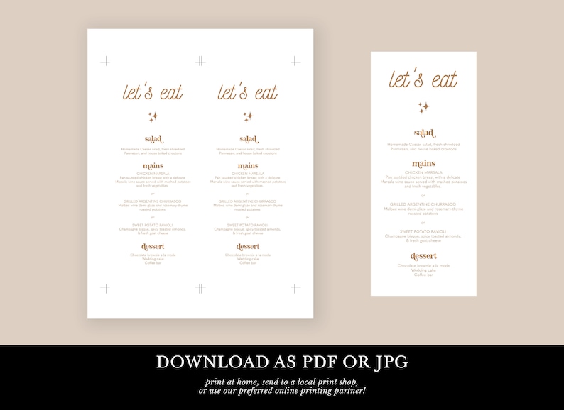 May include: Two white menu templates with the words "let's eat" in a brown script font. The menus list salad, mains, and dessert options. The text "DOWNLOAD AS PDF OR JPG" is at the bottom.