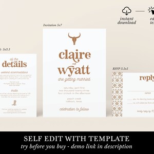 western wedding invitation template, printable cowboy reception invite set, modern rustic longhorn wedding, desert invitations download image 2