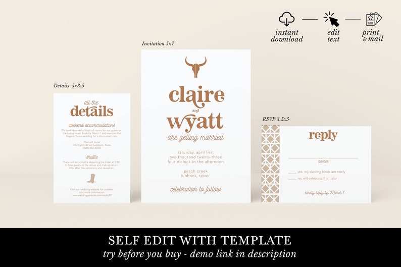 western wedding invitation template, printable cowboy reception invite set, modern rustic longhorn wedding, desert invitations download image 2