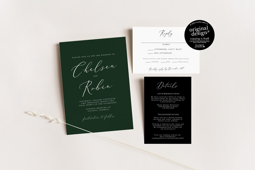Moody Wedding Invitation Template, Printable Emerald and Black ...