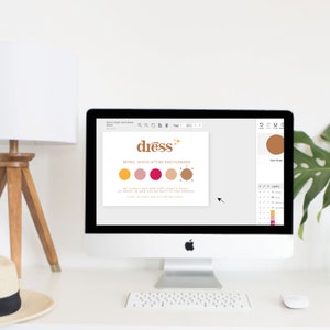 May include: A computer screen displaying a brand identity design for a company called "dress" with a logo and colour palette. The colour palette includes shades of orange, pink, and brown.