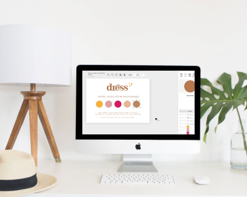 May include: A computer screen displaying a brand identity design for a company called "dress" with a logo and colour palette. The colour palette includes shades of orange, pink, and brown.