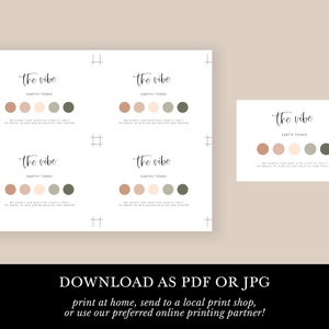May include: Printable cards with the text "the vibe" and "earthy tones" in a handwritten font. The cards feature a color palette of four circles in shades of brown, beige, green, and gray.