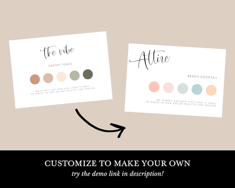 May include: Two cards with color palettes for a wedding or event. The first card says "the vibe" and has earthy tones. The second card says "Attire" and has beach cocktail colors.