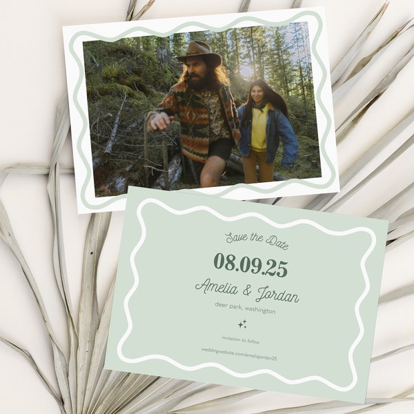 eclectic wave save the date template, printable green save our date with photo, elopement announcement, modern retro, landscape card