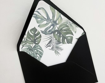 printable tropical envelope liner, A7 euro envelope liner, monstera leaves, destination wedding invitations, greenery, instant download