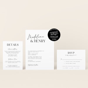 minimalist wedding invitation set, printable modern reception invite template, with RSVP card, simple black and white typography, download image 10