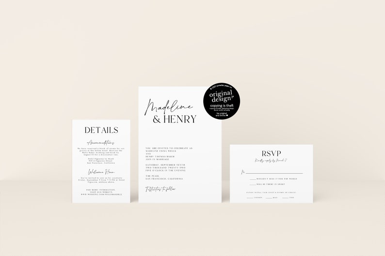 minimalist wedding invitation set, printable modern reception invite template, with RSVP card, simple black and white typography, download image 10