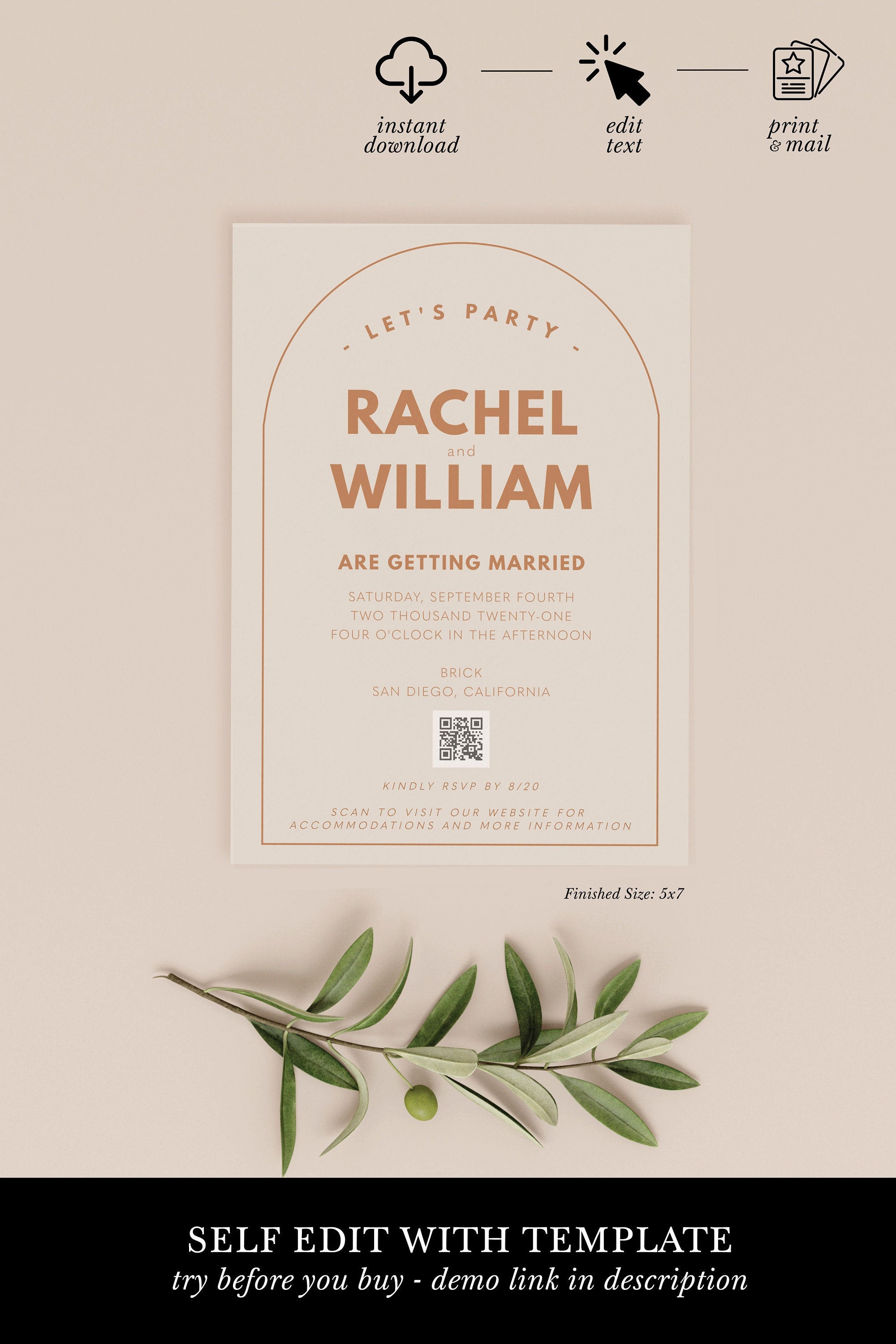 QR code invitation template printable arch wedding - Etsy España