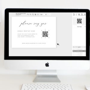 May include: A computer monitor displaying a digital RSVP card template with the text please say yes, kindly rsvp by 12/20, scan to visit our website for accommodations and more information, and a QR code with the URL www.weddingwebsite.com/iido22.