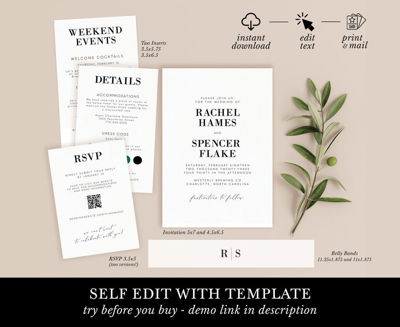 modern typography wedding invitation template, pocket invite set, printable minimalist black white and green, diy invitation kit image 3