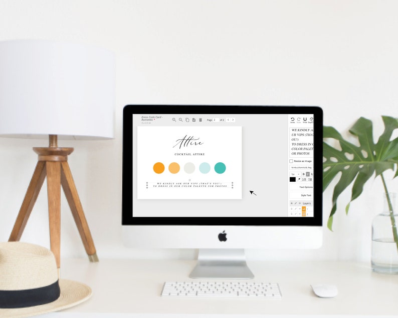 May include: A computer screen displaying a wedding invitation design template with the text "Attire - Cocktail Attire". The design includes a color palette of orange, yellow, light blue, and teal.