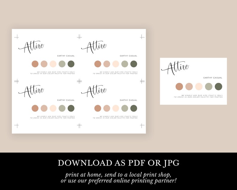 K&ouml;nnte beinhalten: Ein druckbarer Leitfaden f&uuml;r die Hochzeitsfarbenpalette mit dem Namen "Attire" und dem Ausdruck "Earthy Casual". Der Leitfaden zeigt vier Farbmuster in Braun-, Beige-, Gr&uuml;n- und Graut&ouml;nen.