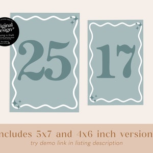 Printable Wavy Table Numbers, Retro Dusty Blue Squiggle, Funky Wedding ...