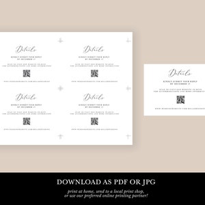 May include: A white rectangular card template featuring the word Details in script, followed by text instructing to submit a reply by December 15, scan a QR code for website information, and a URL. The layout includes four cards on one sheet.