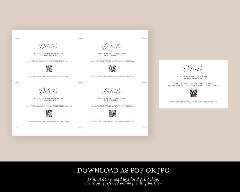 May include: A white rectangular card template featuring the word Details in script, followed by text instructing to submit a reply by December 15, scan a QR code for website information, and a URL. The layout includes four cards on one sheet.