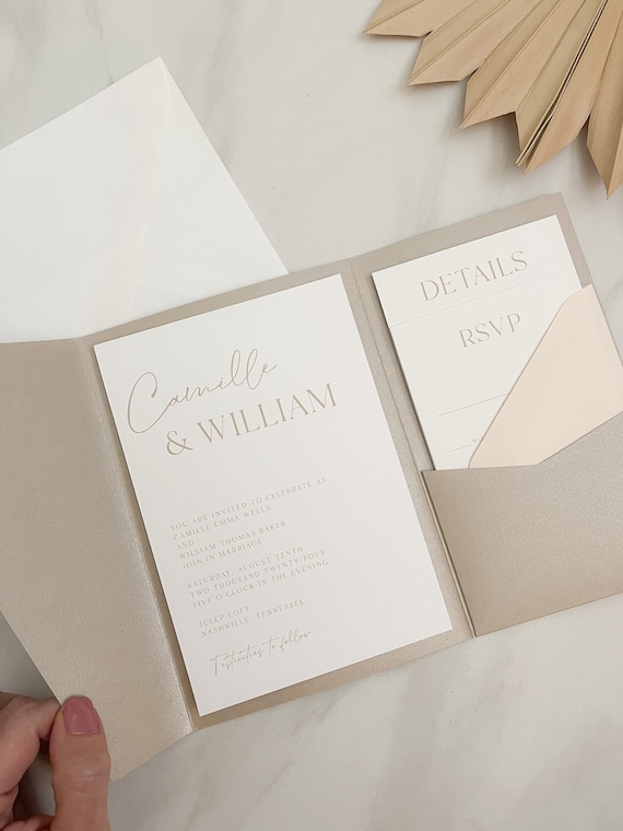 minimalist pocket wedding invitation diy template, printable taupe wedding invitation set with insert cards, customizable beige wedding rsvp