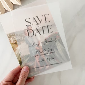 druckbare Pergament Save the Date Vorlage mit Foto, diy transluzente Overlay Save the Date Karten, editierbarer Download, moderne Hochzeit