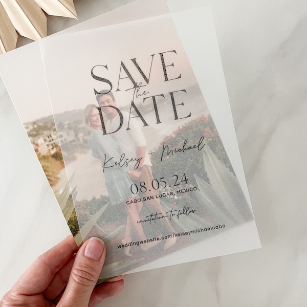 Utskrivbar mall för spara datumet i vellum med foto, gör-det-själv genomskinliga överlägg med spara datumet-kort, redigerbar nedladdning, modernt bröllop