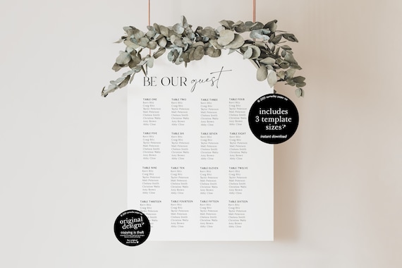 minimalist wedding seating chart, be our guest, printable reception table assignment sign, modern black and white template, instant download