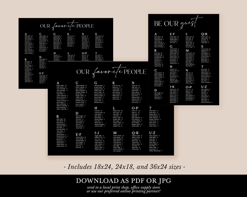 Seating Letters Modern Alphabetical Seating Chart Template, Printable Wedding Table ...