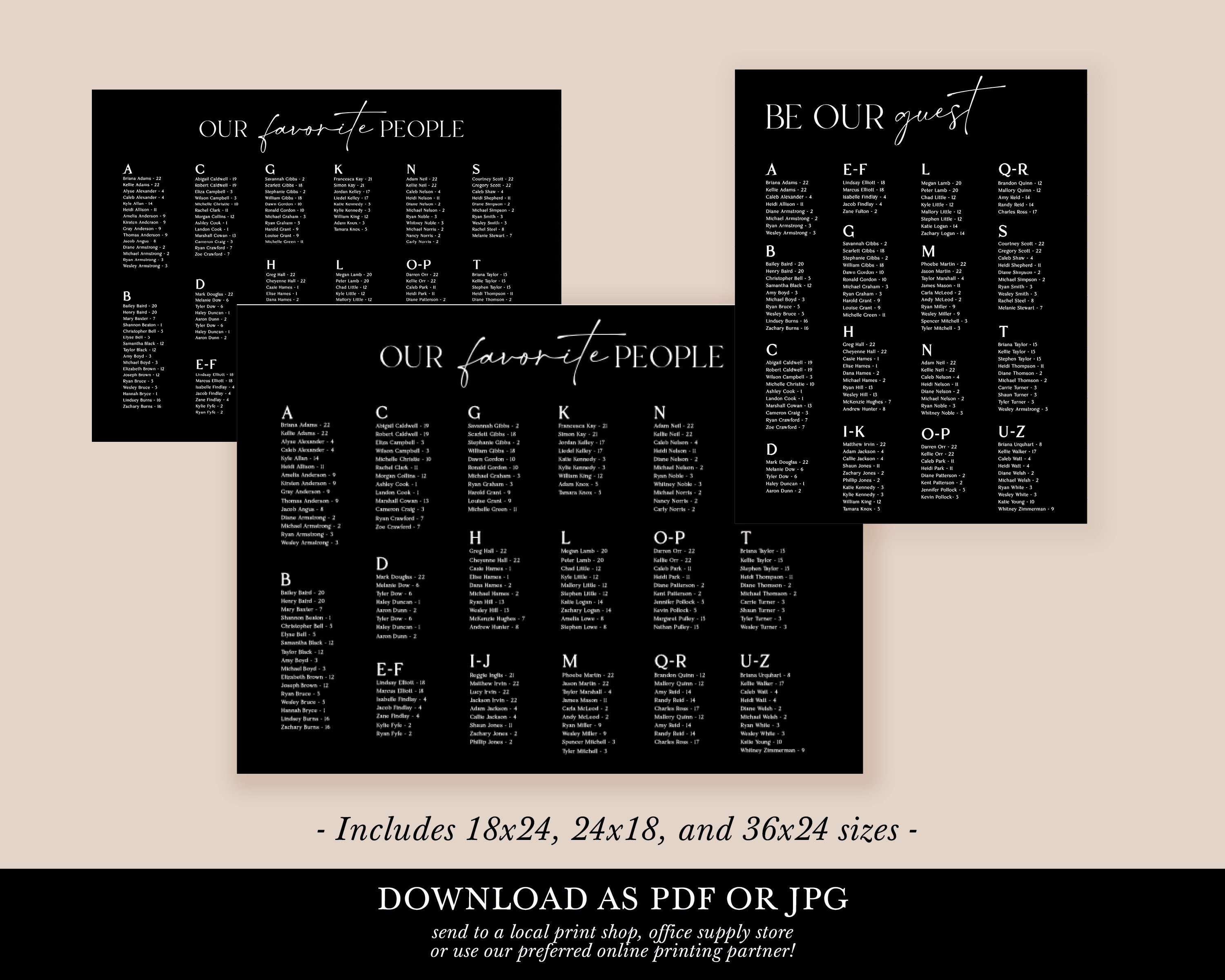 Modern Alphabetical Seating Chart Template, Printable Wedding Table ...