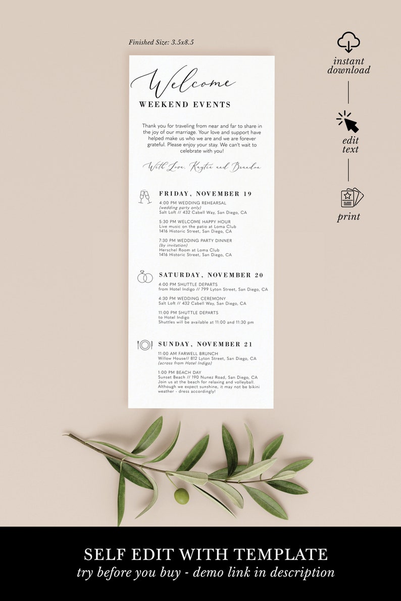 Editable Wedding Timeline Template Printable Weekend Schedule | Etsy