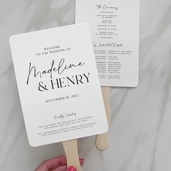 wedding program fan template, printable diy ceremony paddle fan, modern typography order of events, unplugged wedding, instant download