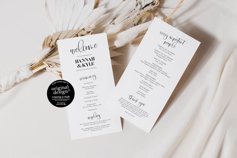 modern wedding template bundle, diy pocket wedding invitation set, printable whimsical save the date, simple black and white program menu image 10
