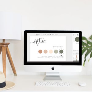 K&ouml;nnte beinhalten: Ein Computerbildschirm zeigt eine Farbpalette mit dem Text "Attire" und "Earthy Casual". Die Farbpalette umfasst Braunt&ouml;ne, Beige und Gr&uuml;n.