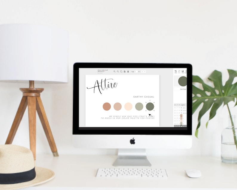 K&ouml;nnte beinhalten: Ein Computerbildschirm zeigt eine Farbpalette mit dem Text "Attire" und "Earthy Casual". Die Farbpalette umfasst Braunt&ouml;ne, Beige und Gr&uuml;n.