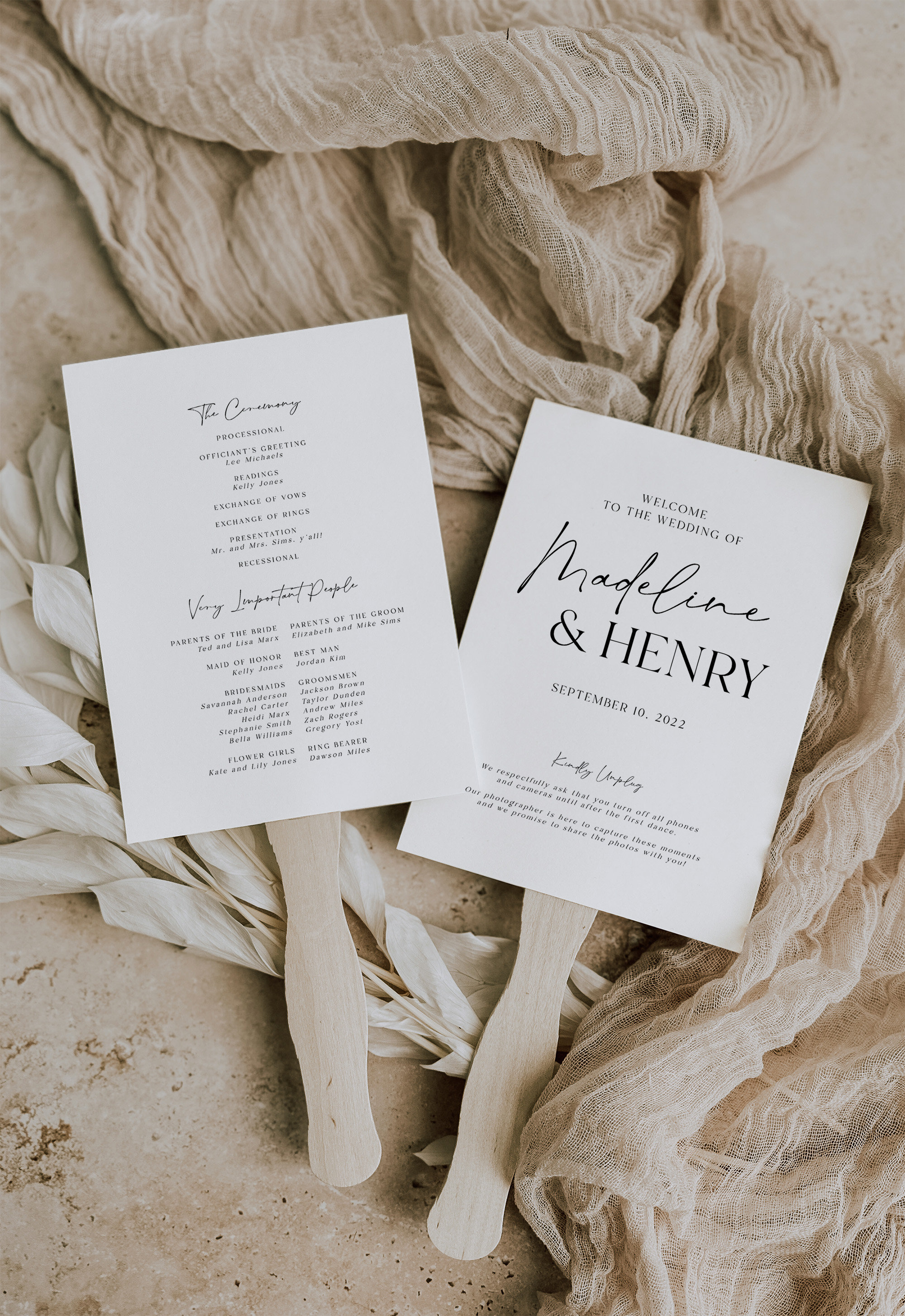 modern wedding program fan template, double sided minimalist order of ceremony, outdoor summer wedding, printable 5x7 fans DIY