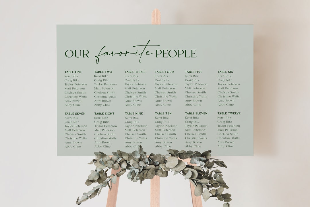 Shades of Green Wedding Seating Chart Template, Editable Our Favorite ...
