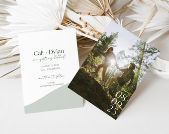 modern mountain wedding save the date cards with photo, printable green adventure save the date template, minimalist abstract wave, dip dye