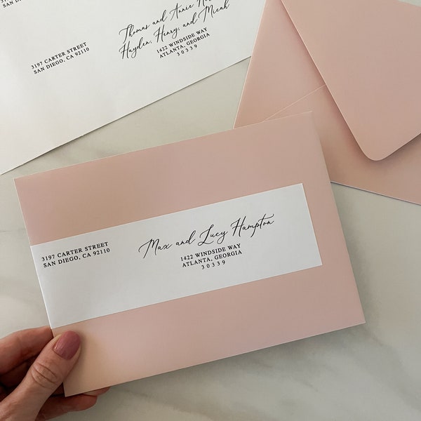 enkelzijdige wrap around adreslabelsjabloon, afdrukbaar 8x2 label voor envelopadressering voor huwelijksuitnodigingen, faux kalligrafie