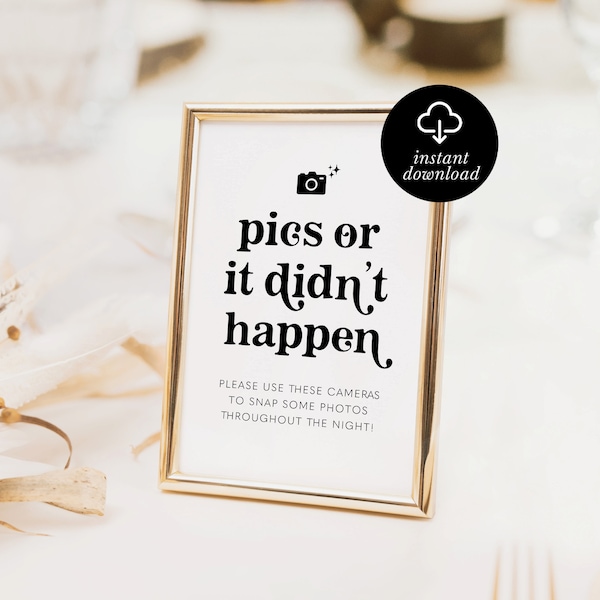 retro pics or it didn't happen sign, printable wedding disposable camera signage, instant download, black and white, photo pdf