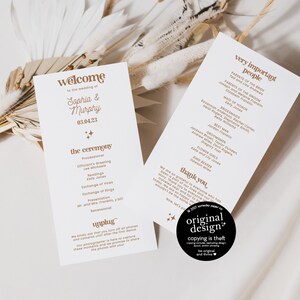 May include: Two white wedding programs with gold text, featuring the names "Sophia & Murphy" and the date "03.04.23." The programs list ceremony details and a thank you message. A small sticker reads "original design copying is theft."