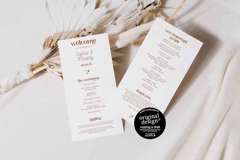 May include: Two white wedding programs with gold text, featuring the names "Sophia & Murphy" and the date "03.04.23." The programs list ceremony details and a thank you message. A small sticker reads "original design copying is theft."