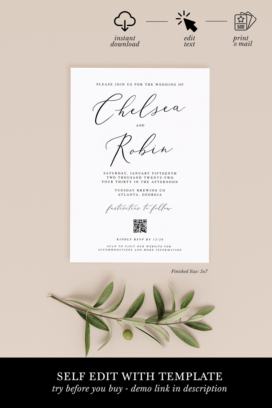 QR Code Wedding Invitation Printable Modern Wedding - Etsy