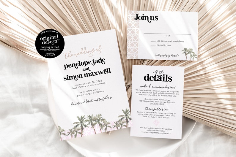 Palm Springs wedding invitation template, printable palm tree invite set, tropical retro wedding invitations, miami destination wedding image 1