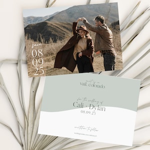 outdoorsy save the date template, printable green two sided save the date with photo, modern mountain save the dates, editable download image 1