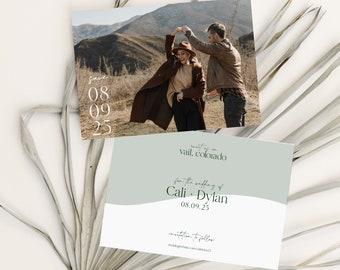 outdoorsy save the date template, printable green two sided save the date with photo, modern mountain save the dates, editable download