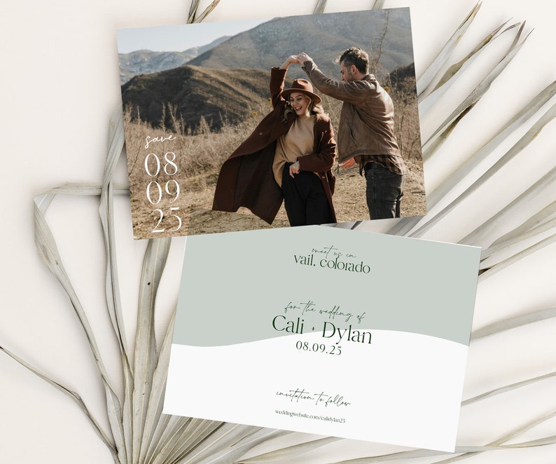 outdoorsy save the date template, printable green two sided save the date with photo, modern mountain save the dates, editable download image 1
