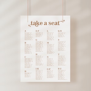 retro wedding seating chart by name, printable table assignment poster, large boho alphabetical seating chart sign, instant download