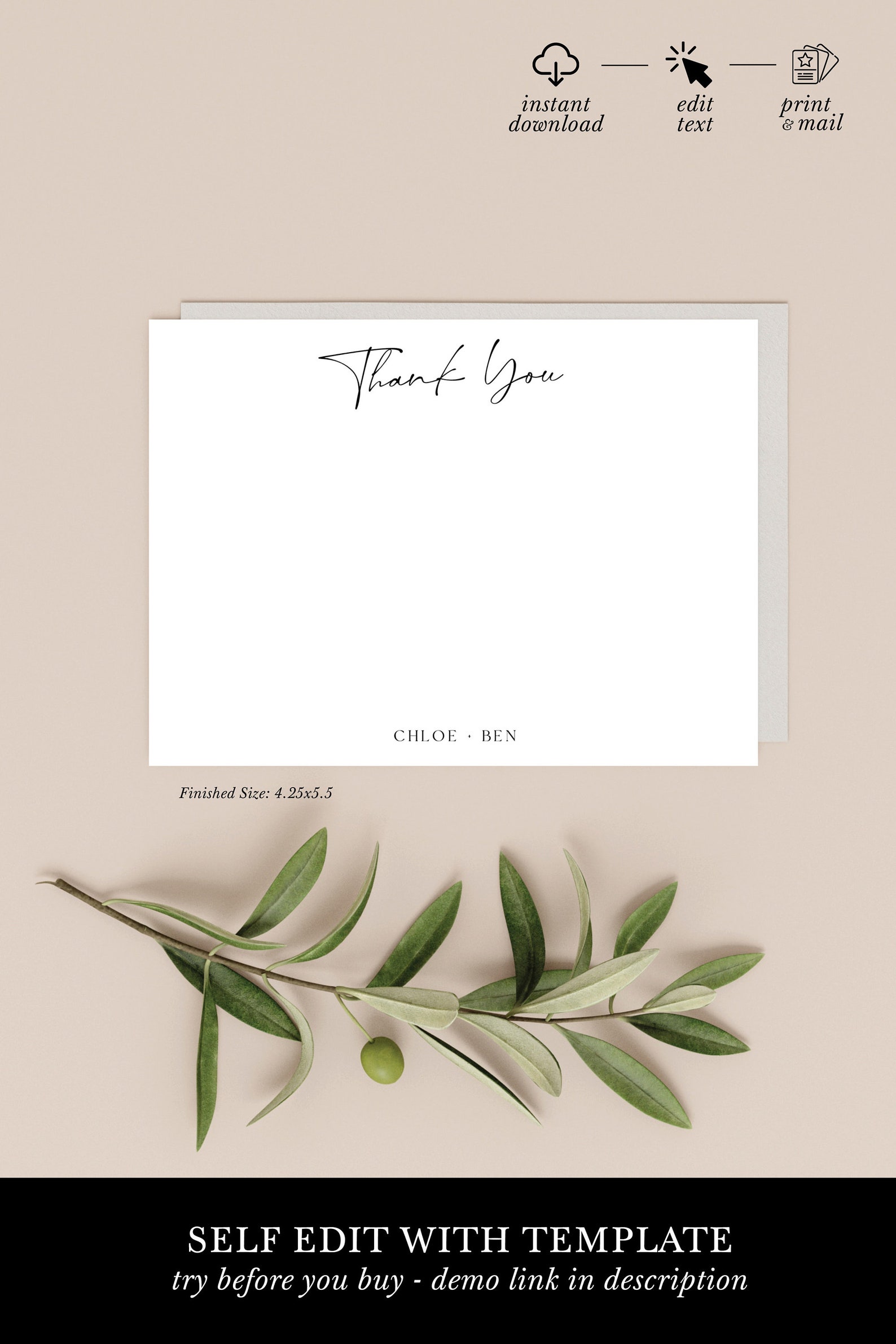 Customizable Thank You Card Template, Printable Personalized Stationery ...