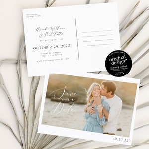 Retenez le modèle de carte postale, photo moderne, réservez la carte, modèle de carte postale de mariage, romantique personnalisable