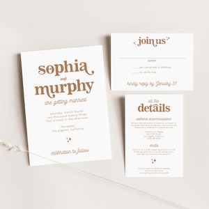 May include: A set of wedding invitation cards with a minimalist design. The cards feature the names "Sophia and Murphy" in a stylish font, along with event details. The color scheme is a warm brown on a white background. The text "join us" and "all the details" are also visible.