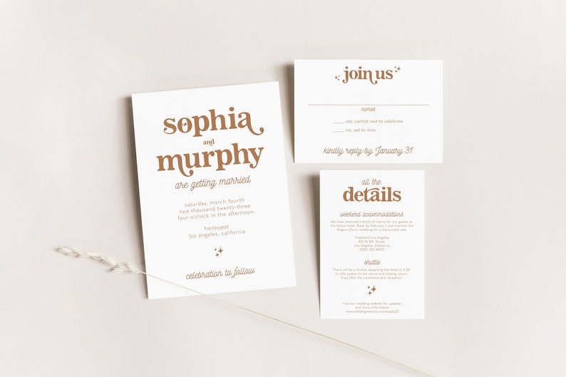 May include: A set of wedding invitation cards with a minimalist design. The cards feature the names "Sophia and Murphy" in a stylish font, along with event details. The color scheme is a warm brown on a white background. The text "join us" and "all the details" are also visible.
