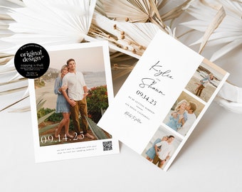 two sided photo strip save the date template with qr code, printable save the date card 4 photos, simple personalized, 5x7 inch, download